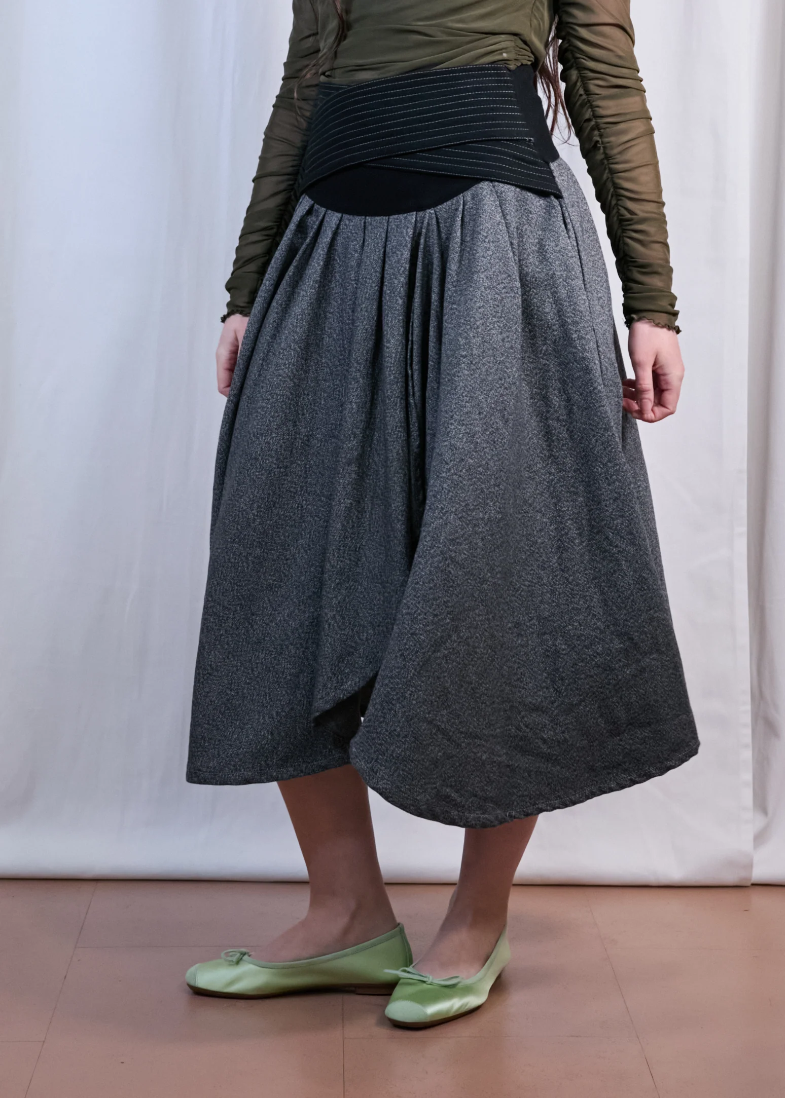 Grey and Black Midi Skirt With Wrap Around Belt - Image 2
