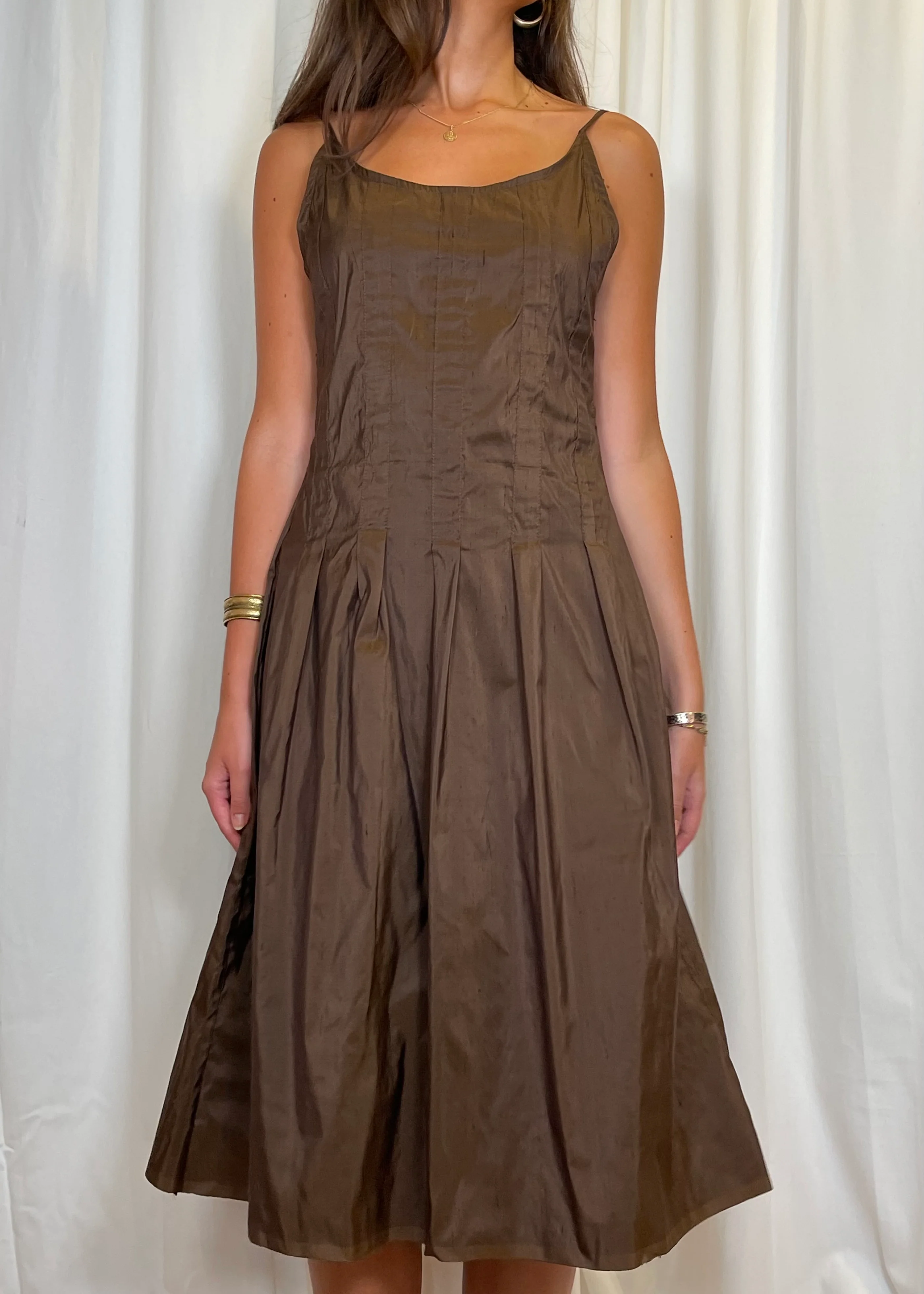 Inverted Pleat Dress in Chocolate Brown - Image 3