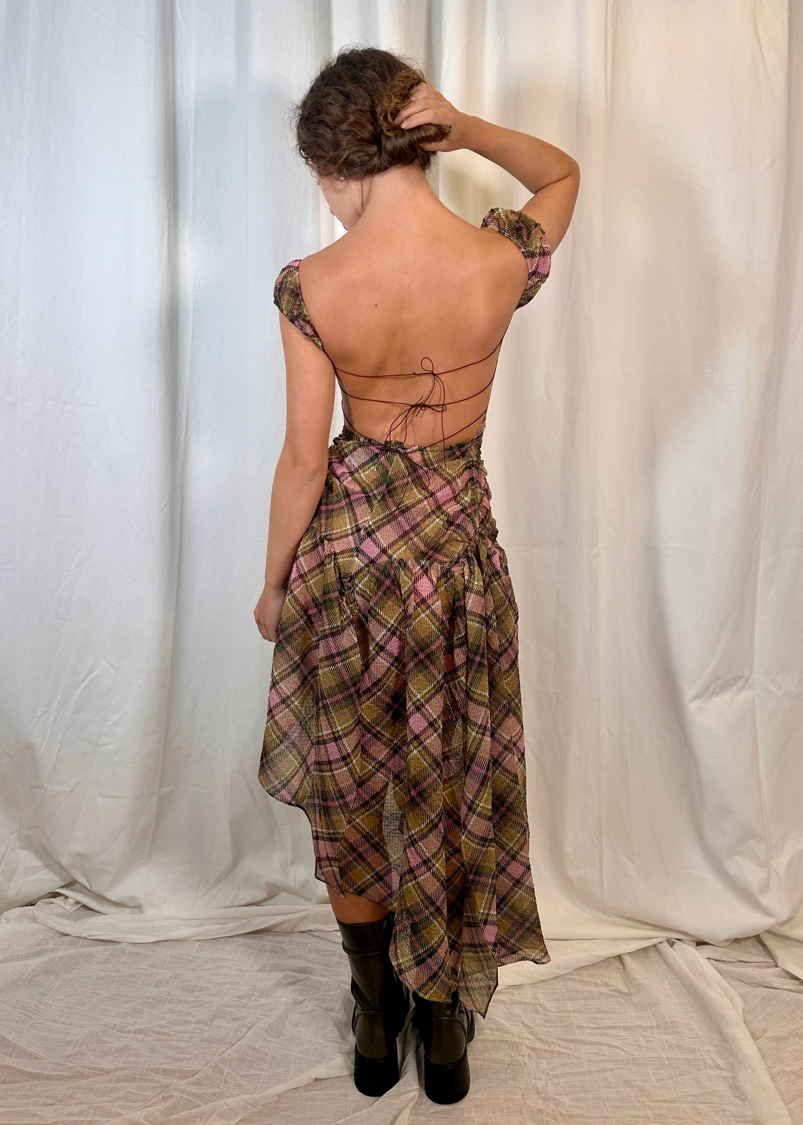 Plaid Puff Chiffon Asymmetrical Dress Smooky - Image 6